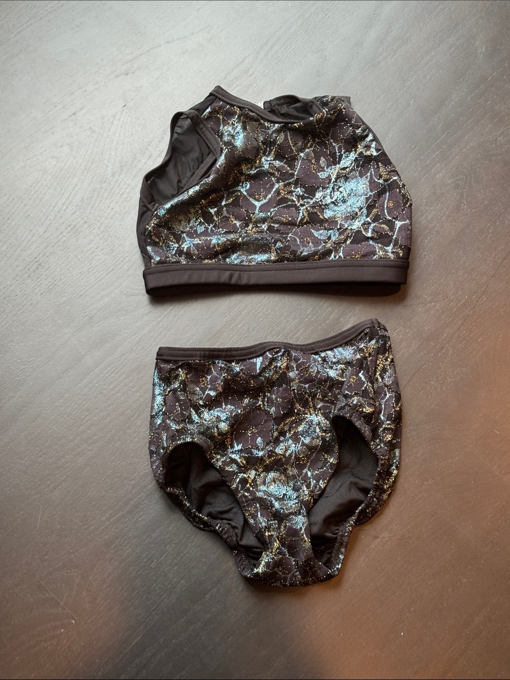 Kids Dance Two-Piece Crop Top and Briefs in Black with Blue & Gold Marble Print